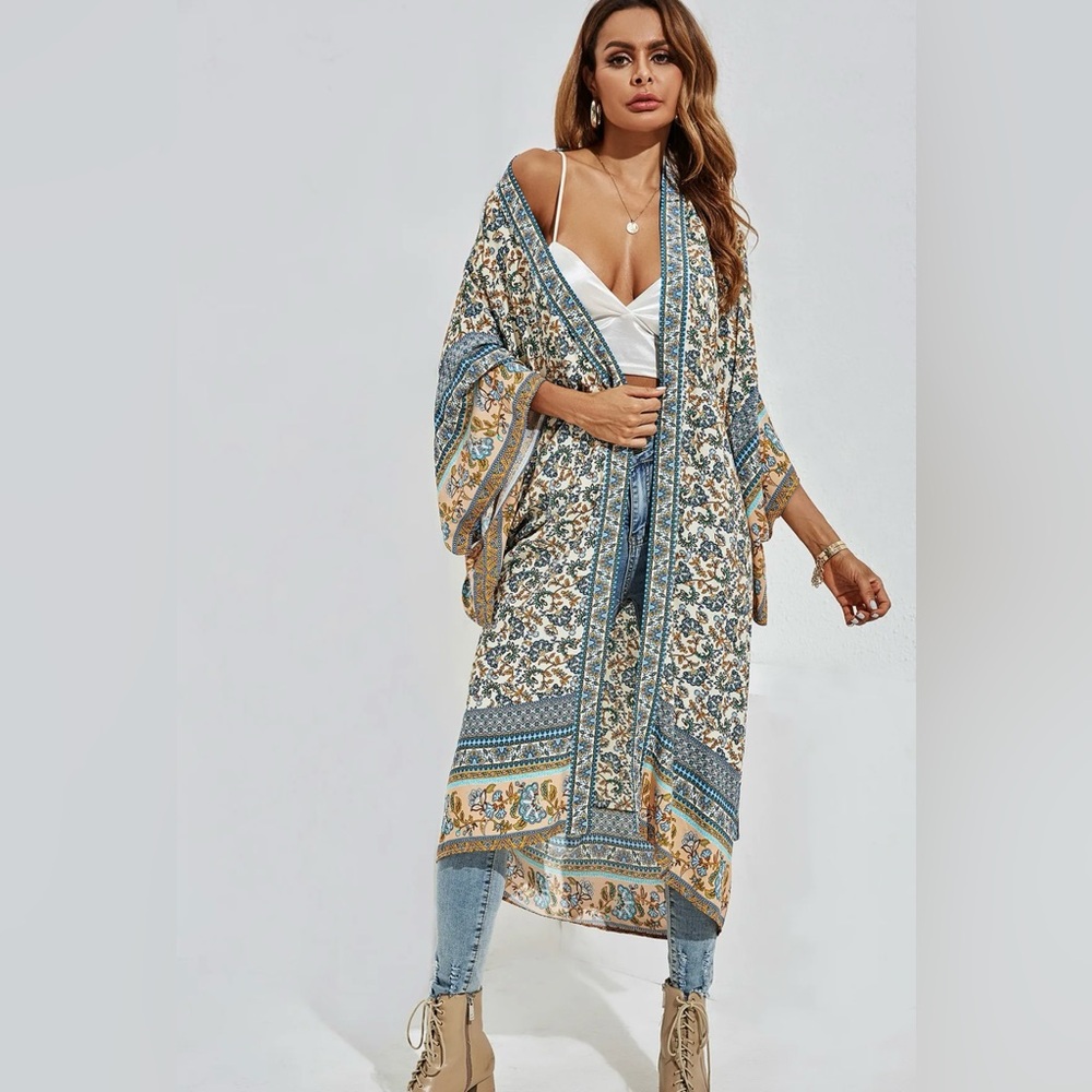 WORLD MARKET Floral Kimono with Blue and Tan Accents - Picture 10 of 17